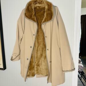 Vintage COUNTRY PACER 80s Faux Fur Brown Lined Turn Button Trench Coat Size M